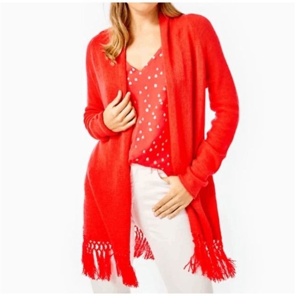 Lilly Pulitzer Sweaters - NWT Lilly Pulitzer Tatum Long Fringe Hem Cardigan SZ S Ruby Red Metallic